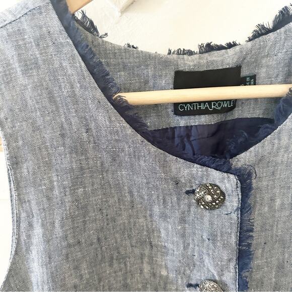 Cynthia Rowley Linen Sheath Dress Blue Sleeveless Raw Edge Trim Button Zip Sz 8 - Picture 3 of 8
